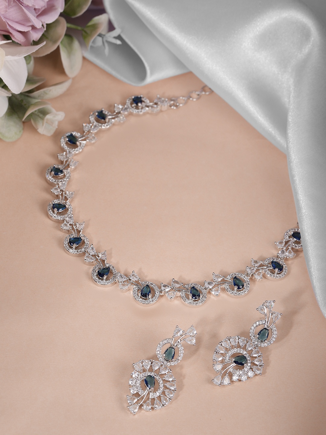 

VIVAZS Rhodium-Plated Blue AD Studded Jewellery Set, Silver