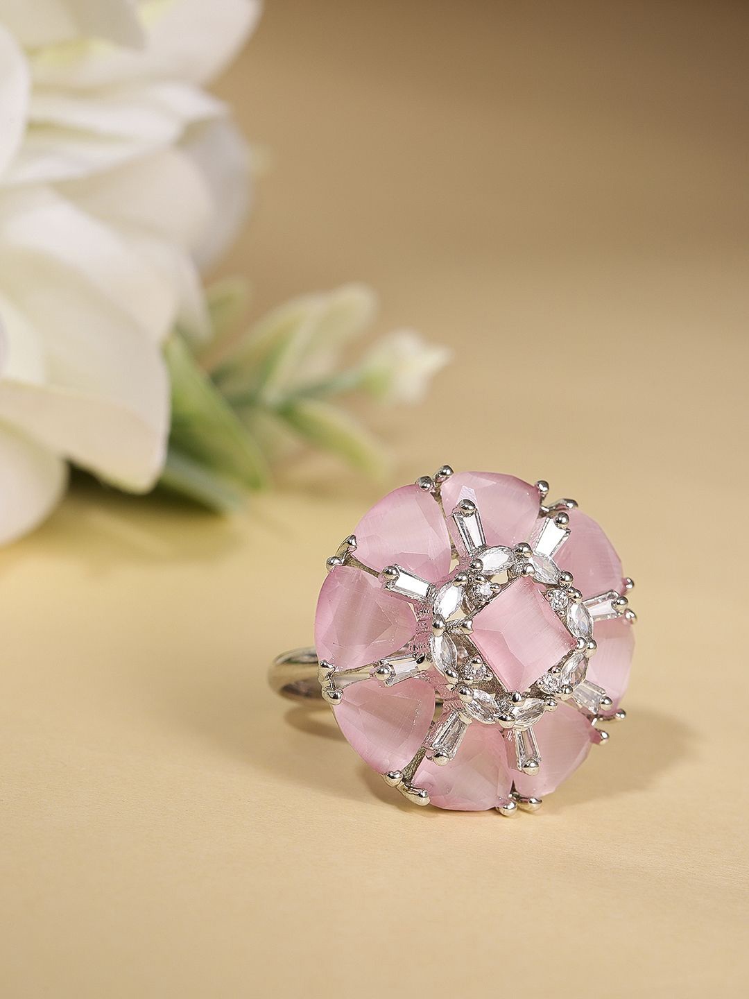 

VIVAZS Silver Plated AD-Studded Contemporary Adjustable Finger Ring, Pink
