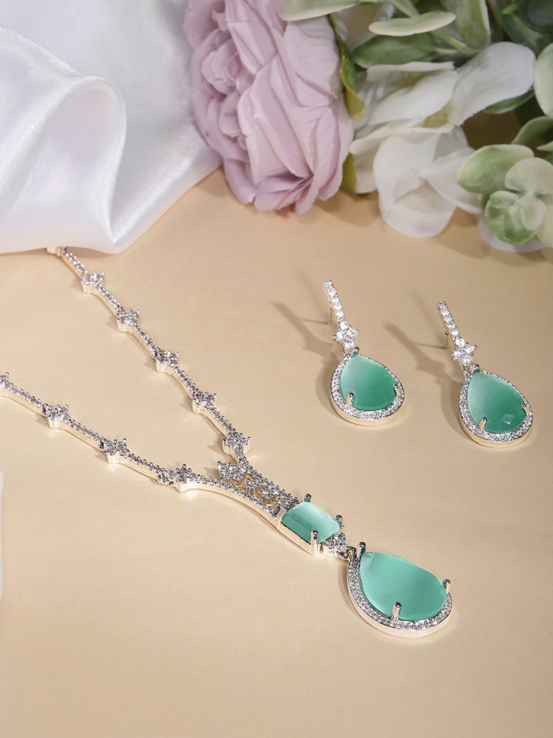 

VIVAZS Rhodium Plated AD & Cubic Zirconia Studded Jewellery Set, Silver