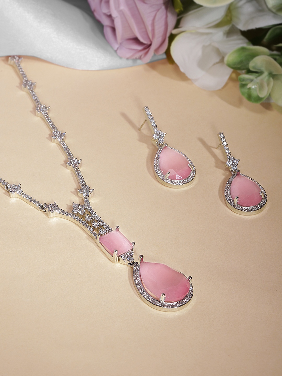 

VIVAZS Rhodium Plated AD & Cubic Zirconia Studded Teardrop Jewellery Set, Silver
