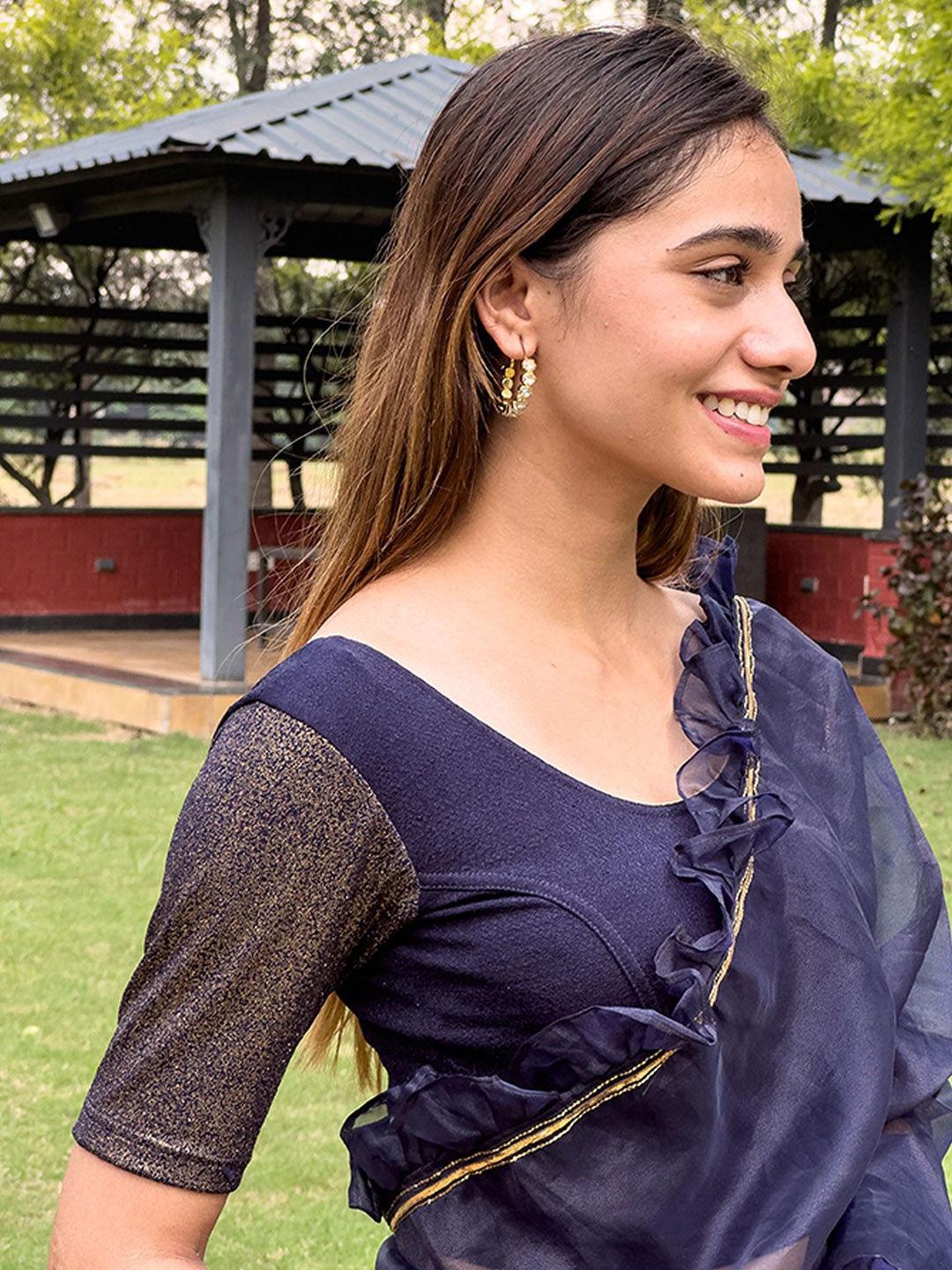 

Bindigasm's Advi Printed Stretchable Saree Blouse, Navy blue