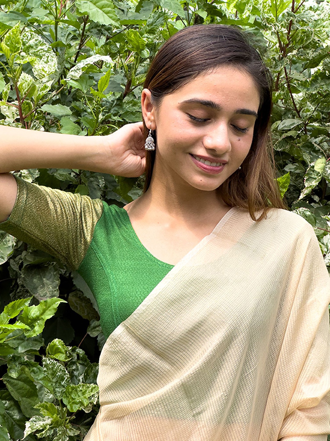 Bindigasm's Advi Printed Stretchable Saree Blouse, Green