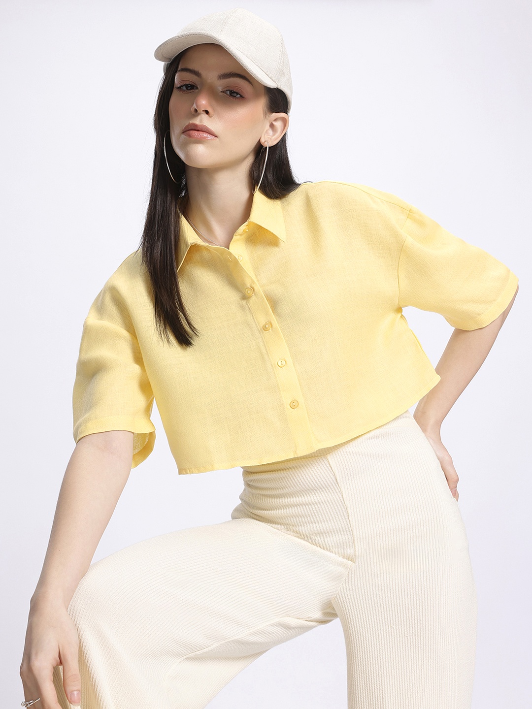 

glitchez Crop Edge Drop-Shoulder Boxy Shirt, Yellow