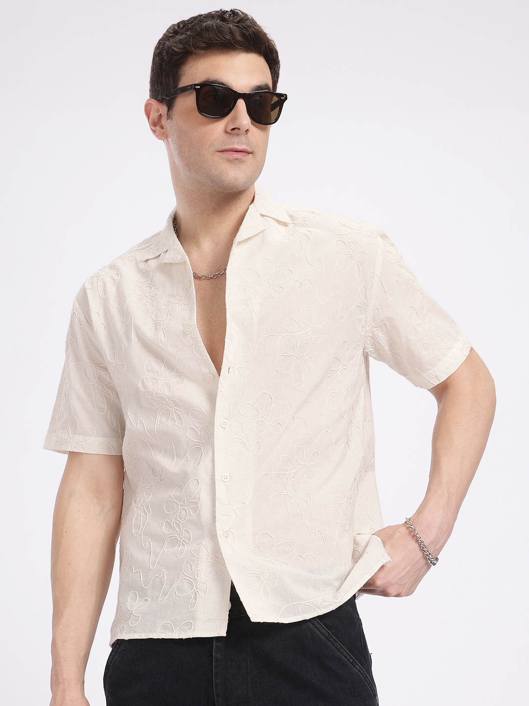 

glitchez Awesome Blooms Cuban Collar Pure Cotton Casual Shirt, Off white