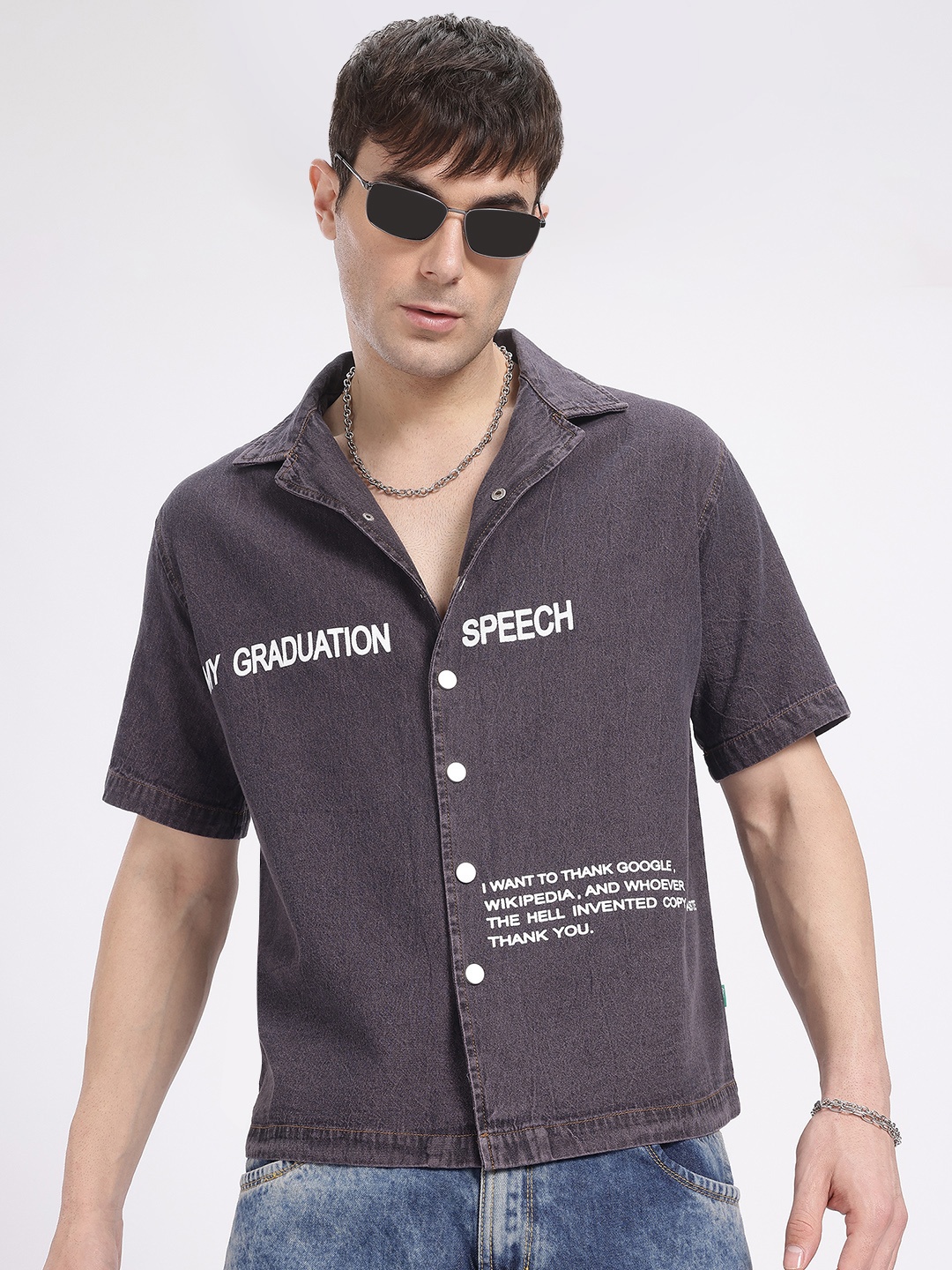 

glitchez Graduate Galore Typography Print Denim Shirt, Purple