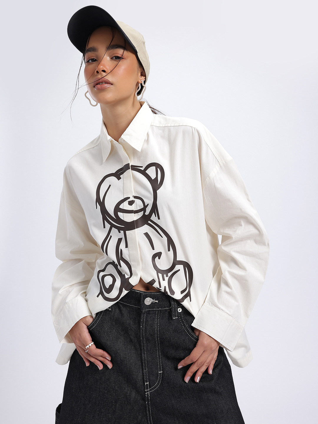 

glitchez Slaying Graphics Pure Cotton Drop-Shoulder Sleeves Oversized Shirt, Off white
