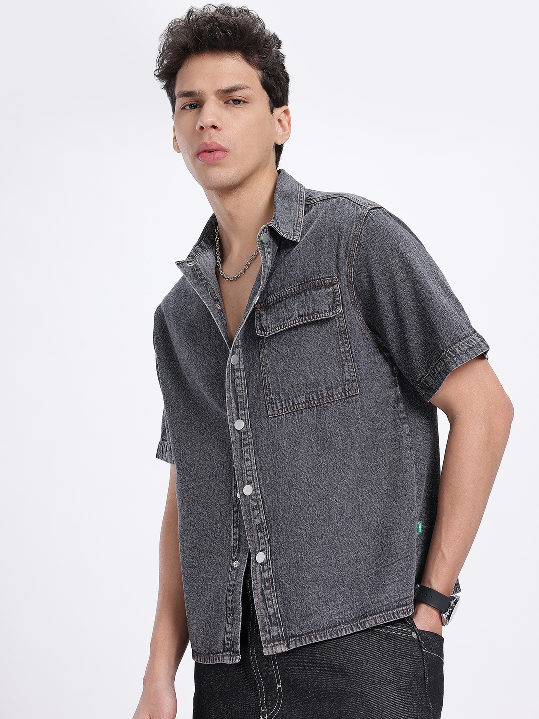 

glitchez Urban Utility Flap Pocket Denim Shirt, Charcoal