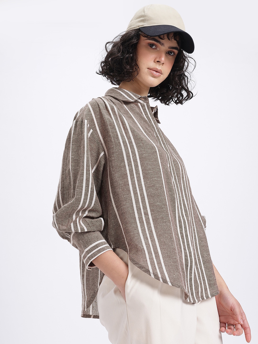 

glitchez Off-Beat Stripes Drop-Shoulder Shirt, Brown