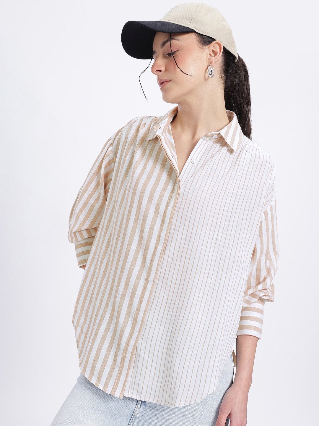 

glitchez Stripe Core Drop-Shoulder Relaxed Shirt, Beige