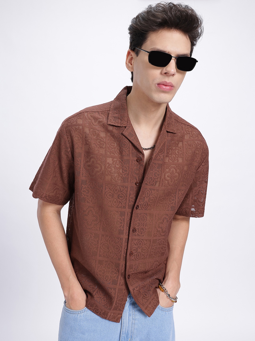 

glitchez Casual Craft Self-Design Semi-Sheer Regular Fit Shirt, Brown
