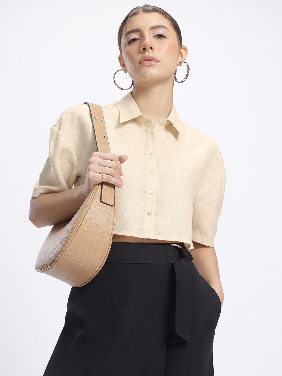 

glitchez Crop Ease Drop-Shoulder Boxy Shirt, Beige