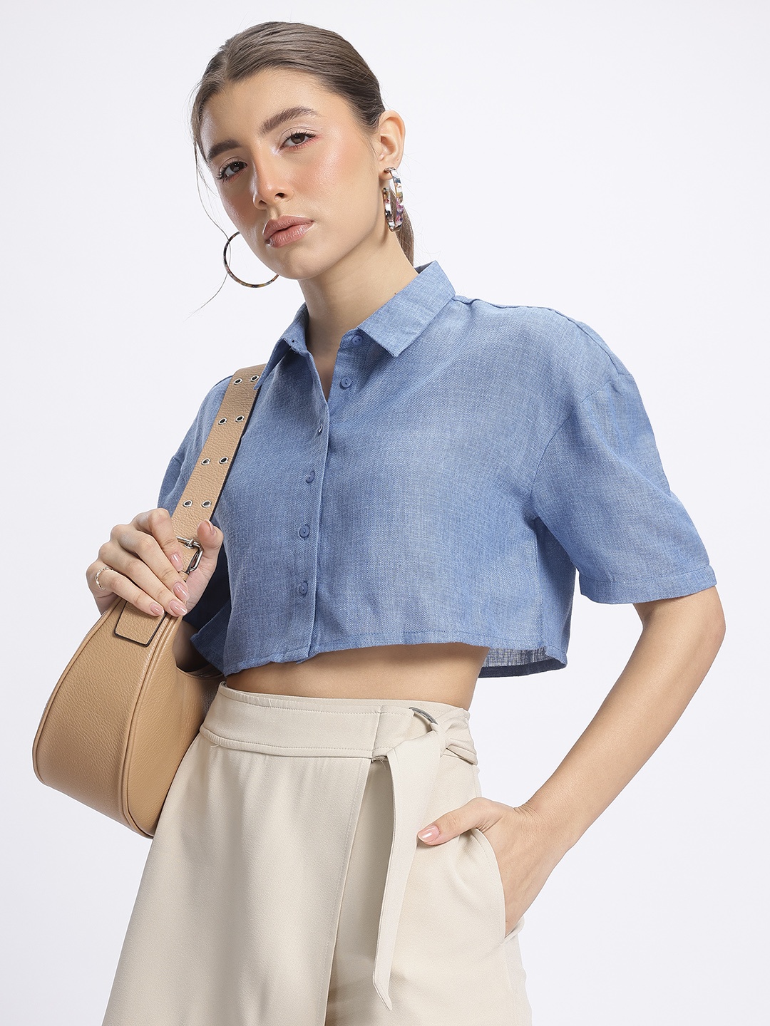 

glitchez Boxy Edge Drop-Shoulder Crop Shirt, Blue