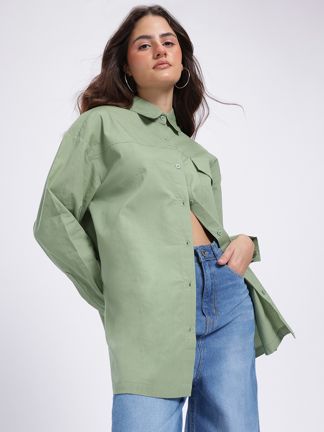 

glitchez Urban Utility Printed Sleeve Oversized Longline Shirt, Green