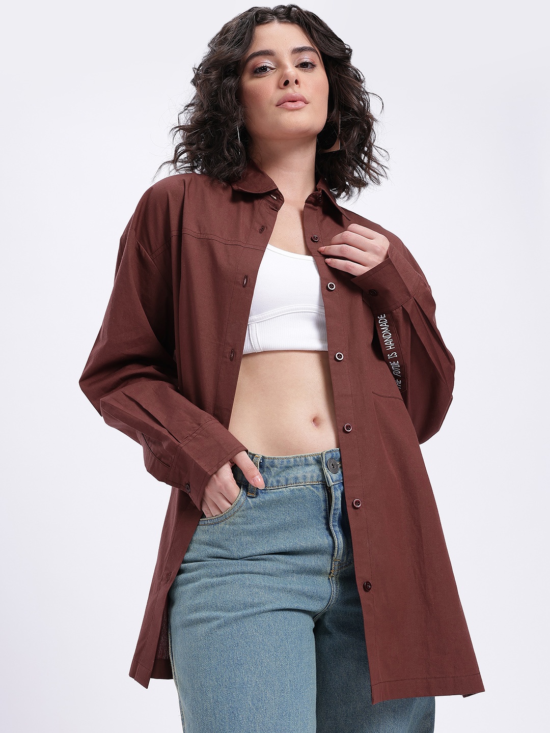 glitchez Functional Fashion Printed Sleeve Oversized Longline Shirt, Brown