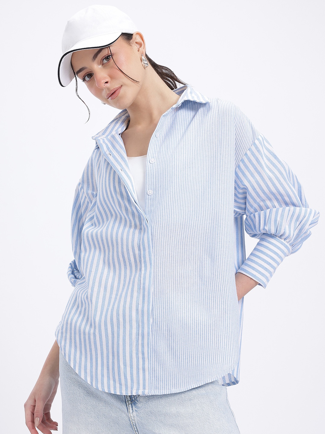 

glitchez Striped Core Drop-Shoulder Relaxed Shirt, Blue