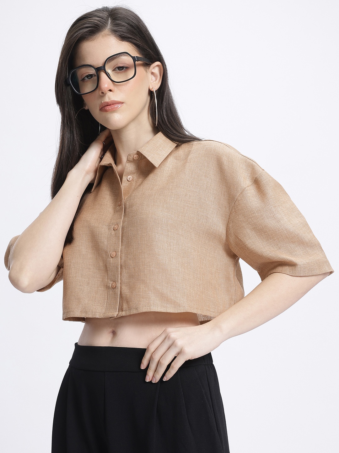 

glitchez Cropped Edge Drop-Shoulder Boxy Shirt, Beige