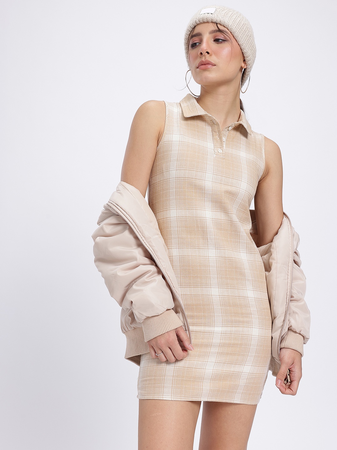 

glitchez Checkered Chic Bodycon Polo Mini Dress, Beige