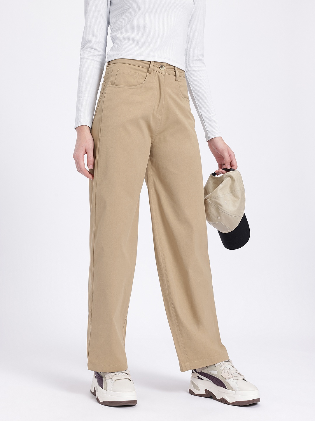 

glitchez Women Neutral Hues Mid-Rise Pure Cotton Flared Fit Wide Leg Trousers, Beige