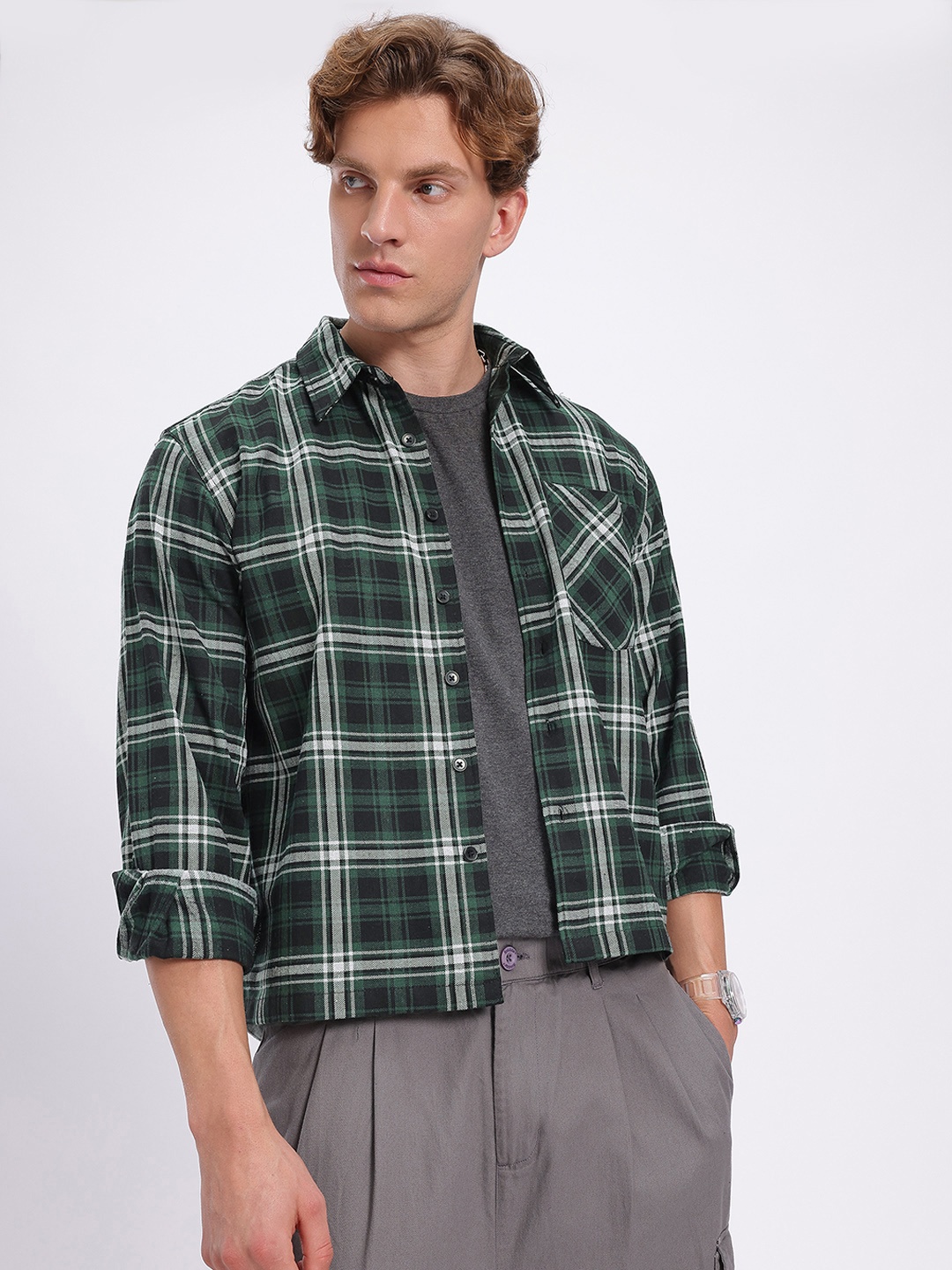 

glitchez Men Tartan Checks Opaque Checked Casual Shirt, Green