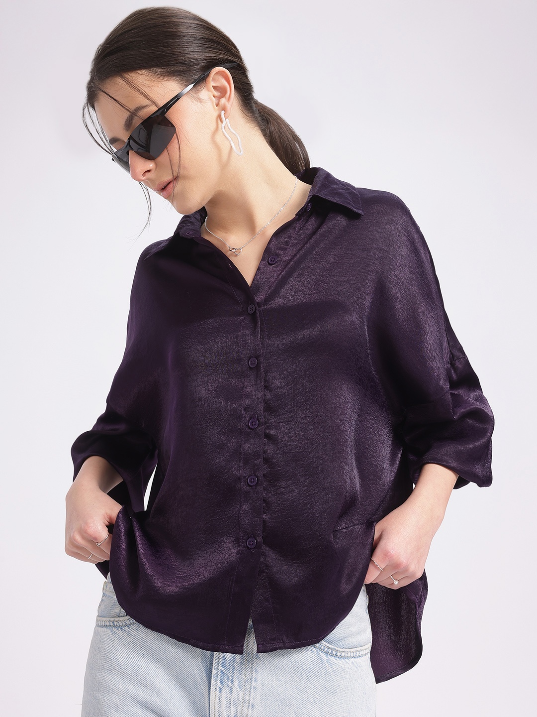 

glitchez Satin Flow Loose Fit Shirt, Purple