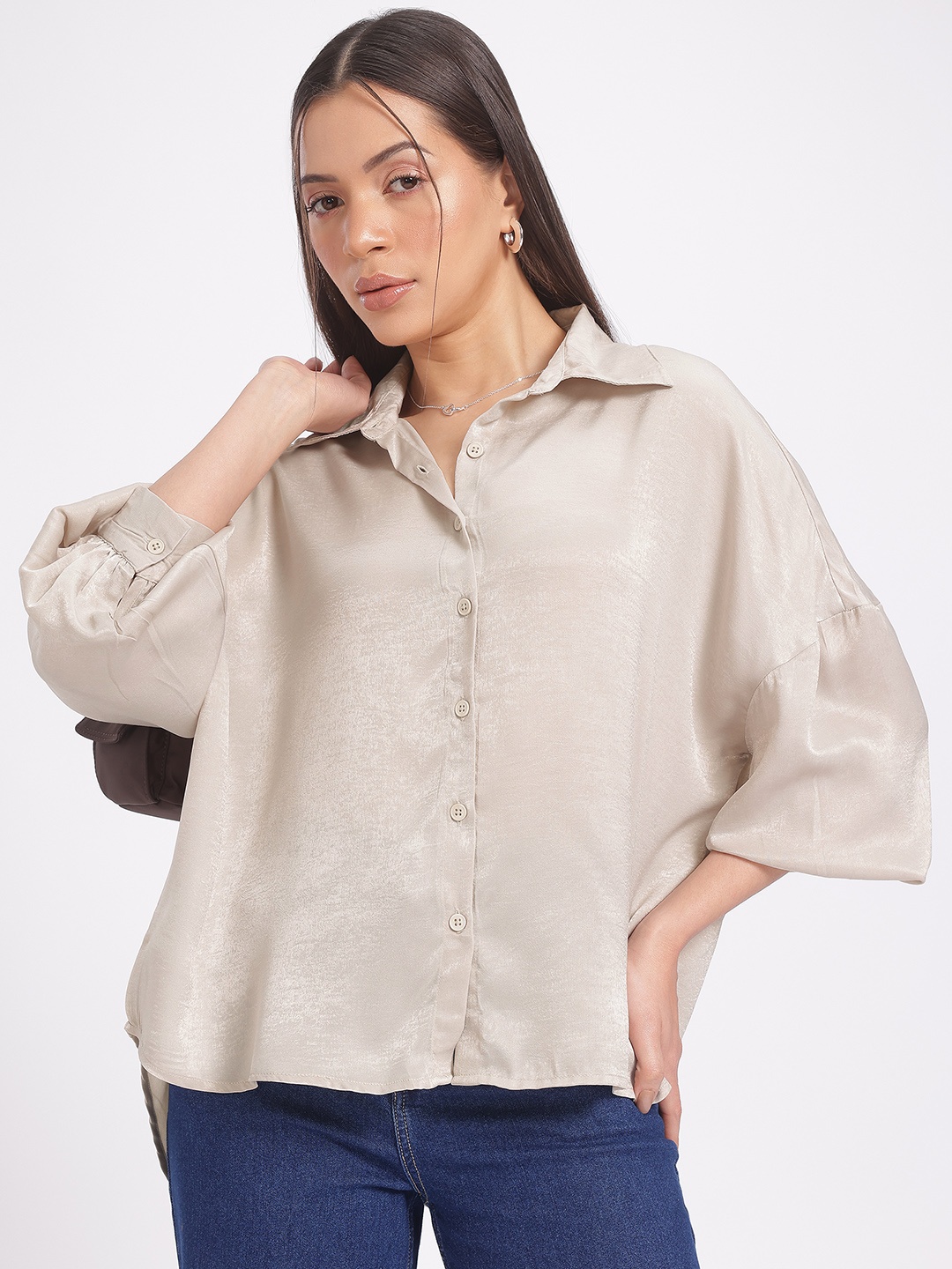 

glitchez Satin Ease Loose Fit Shirt, Beige