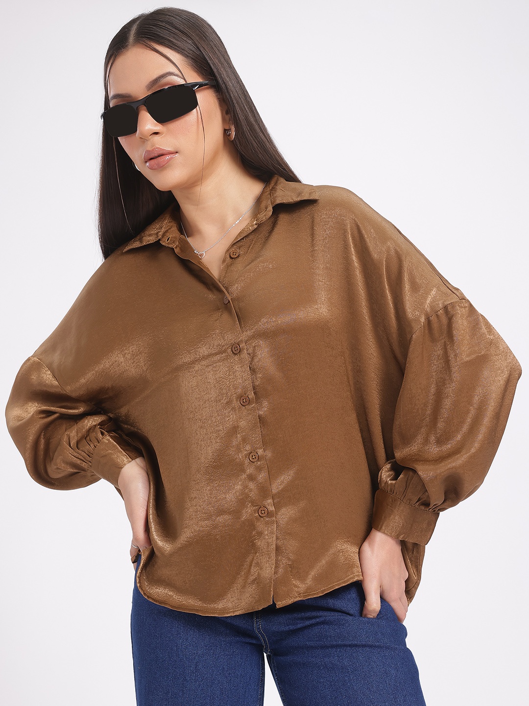 

glitchez Dune Glow Satin Finish Loose Fit Shirt, Brown