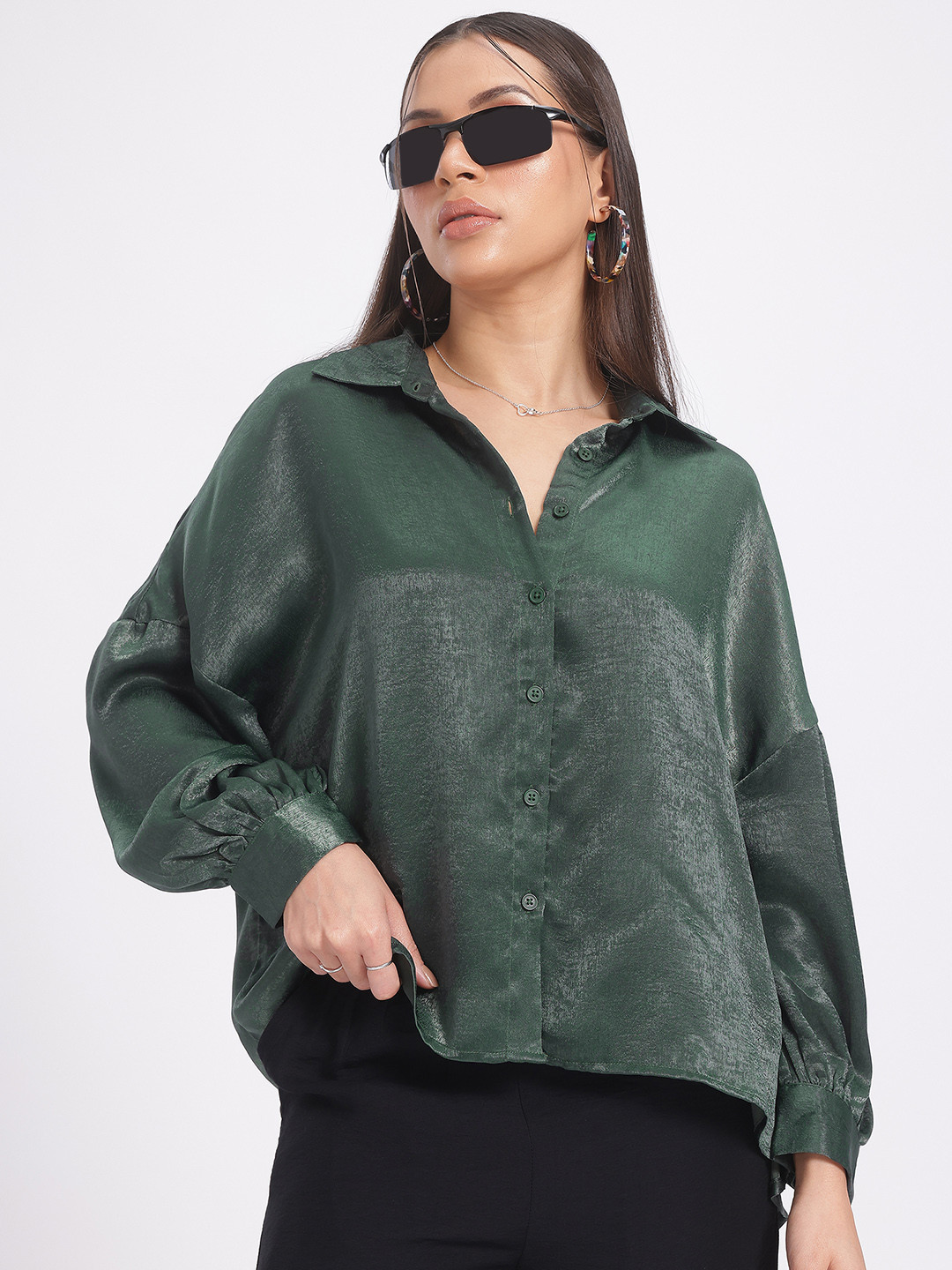 

glitchez Satin Sensation Loose Fit Shirt, Green