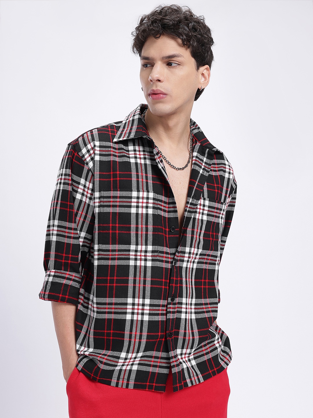 

glitchez Checks Out Tartan Checks Oversized Shirt, Black