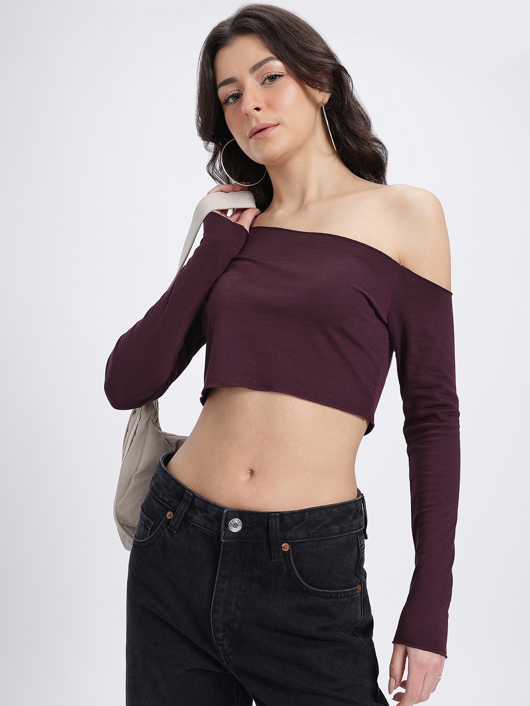 

glitchez Minimalist Staple One Shoulder Crop Fitted Top, Burgundy