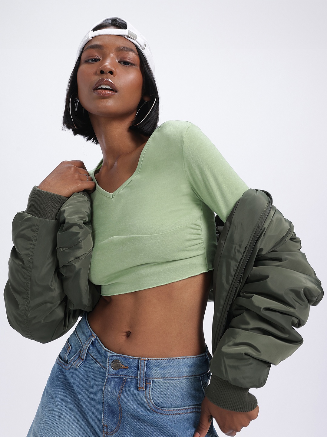 

glitchez Snatched Fit V-Neck Crop Top, Green