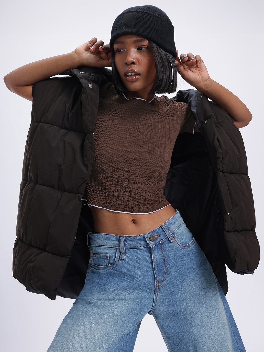 

glitchez Ribbed Edge Textured Crop Top, Brown