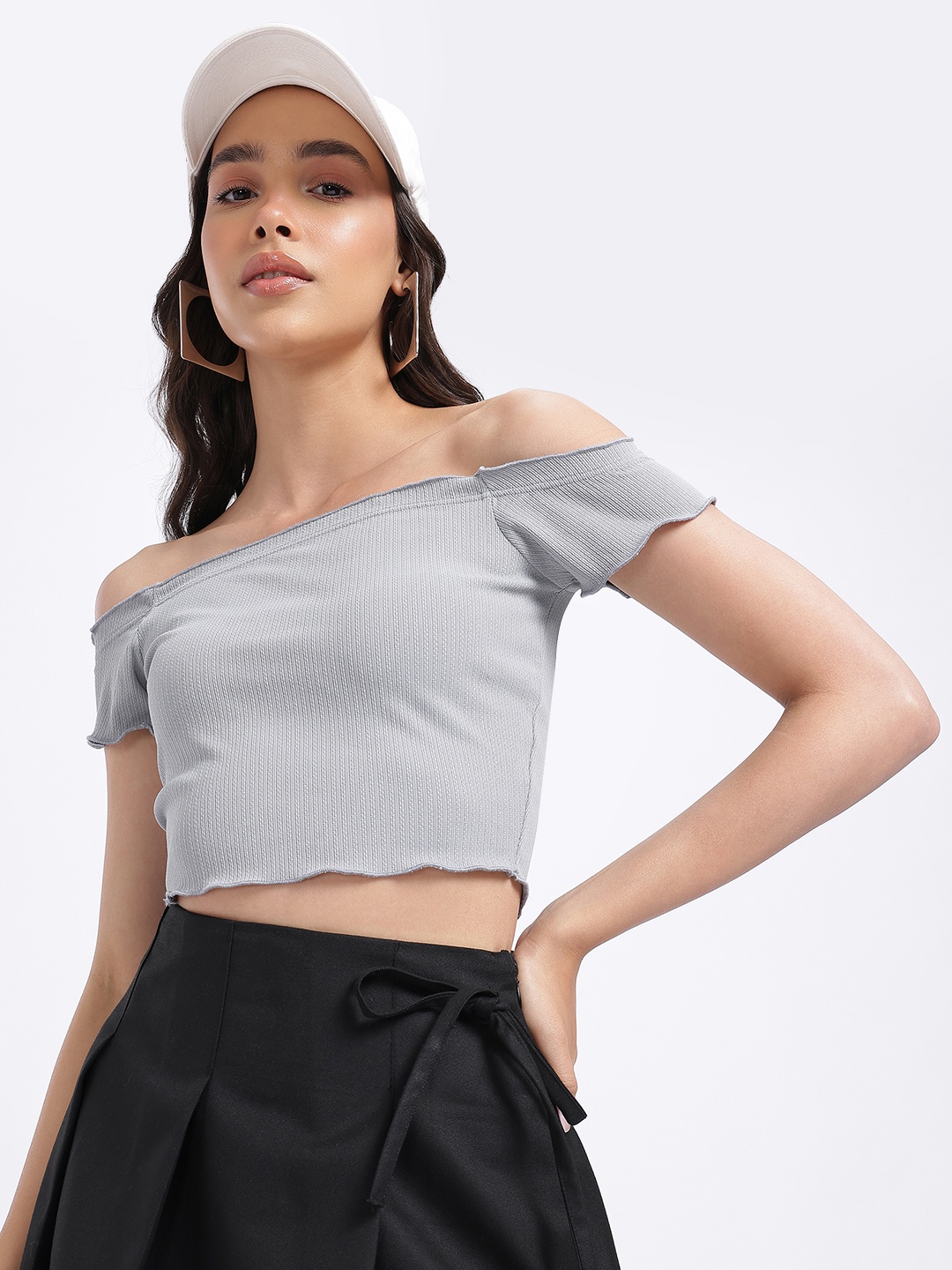 

glitchez Off-the-shoulder Chic Self-Striped Bardot Top, Grey