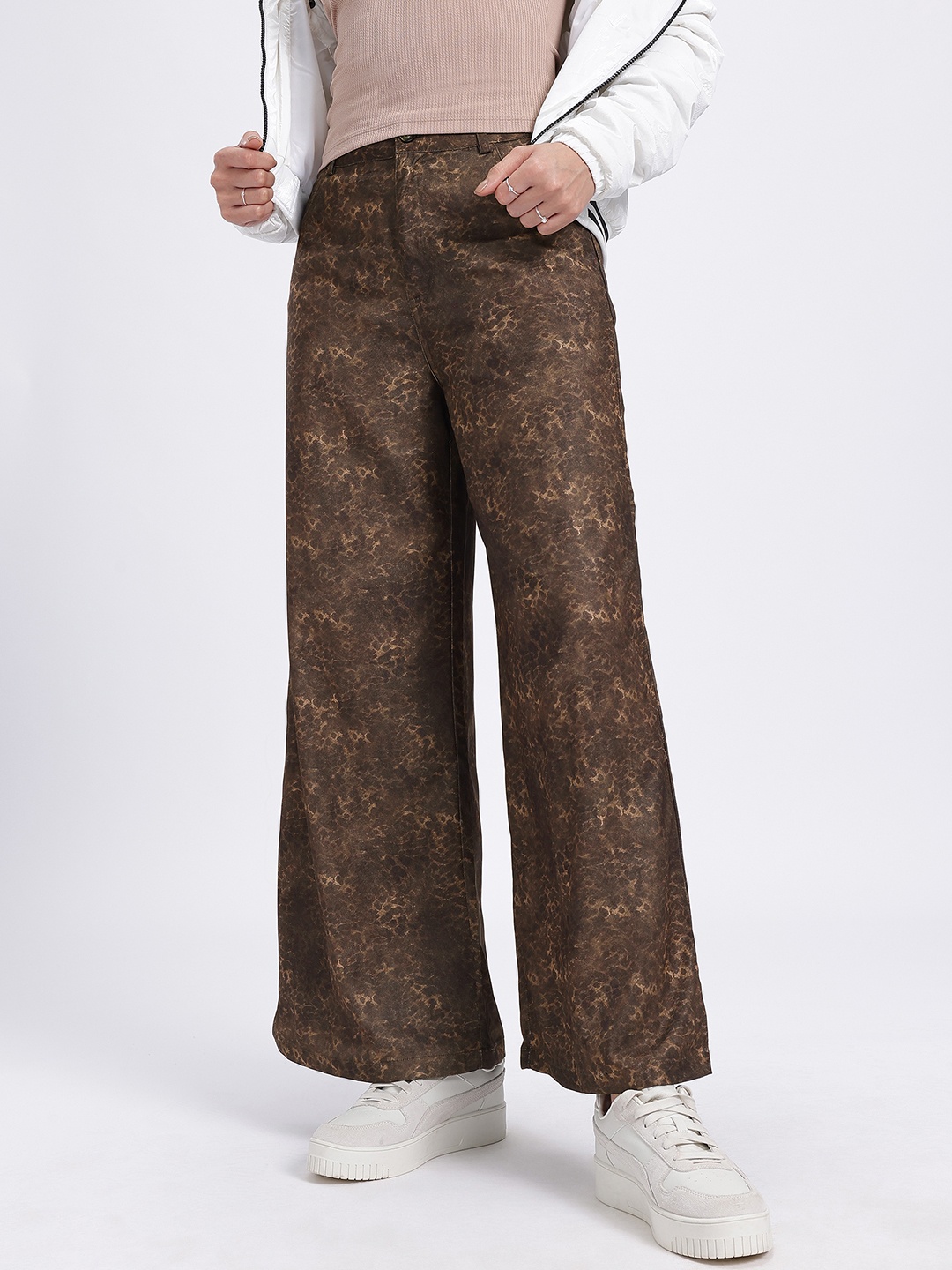 

glitchez Women Fierce & Free Animal Print Wide Leg Fit Trousers, Brown