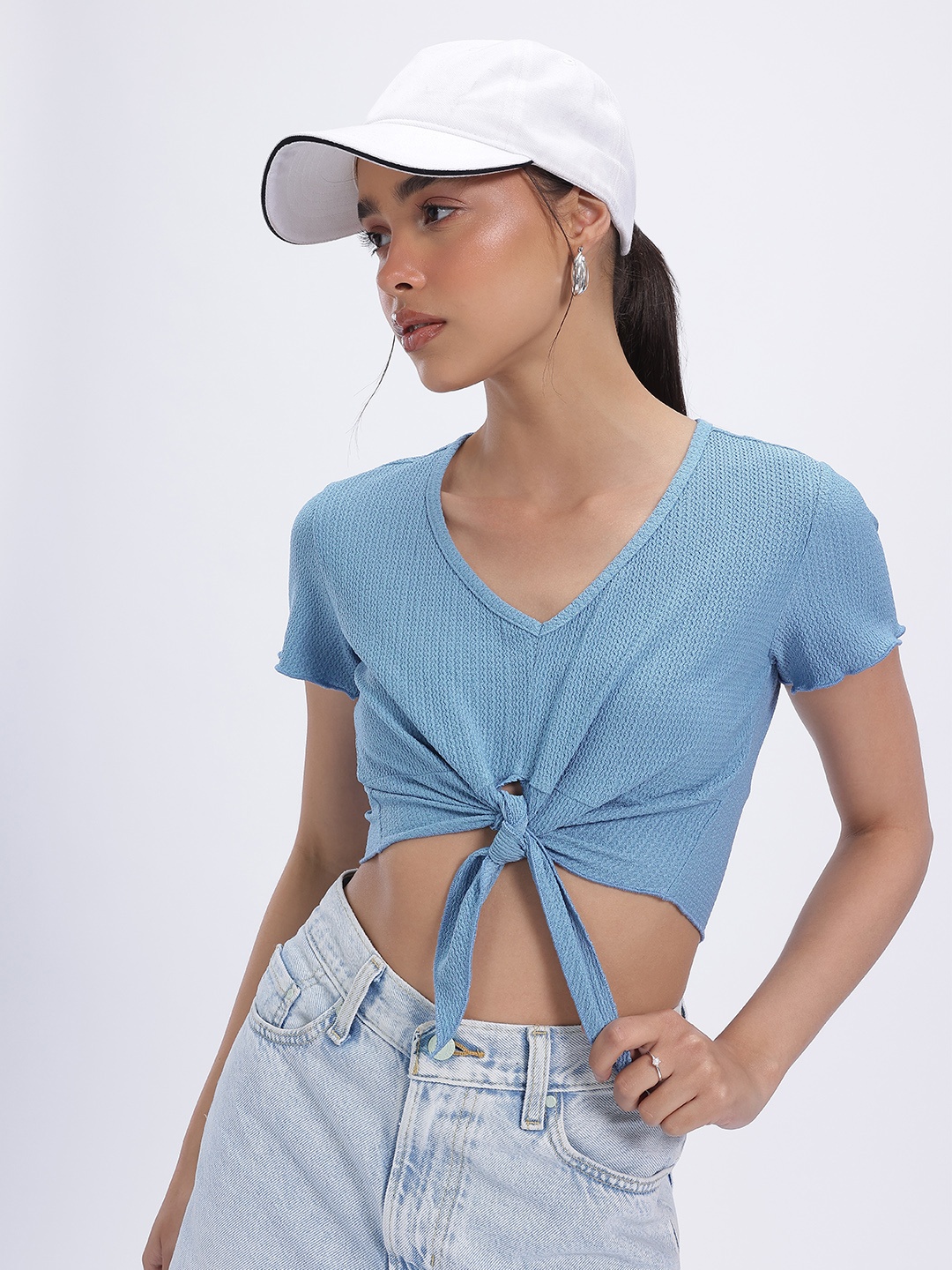 

glitchez Knotted Chic Textured Crop Top, Blue