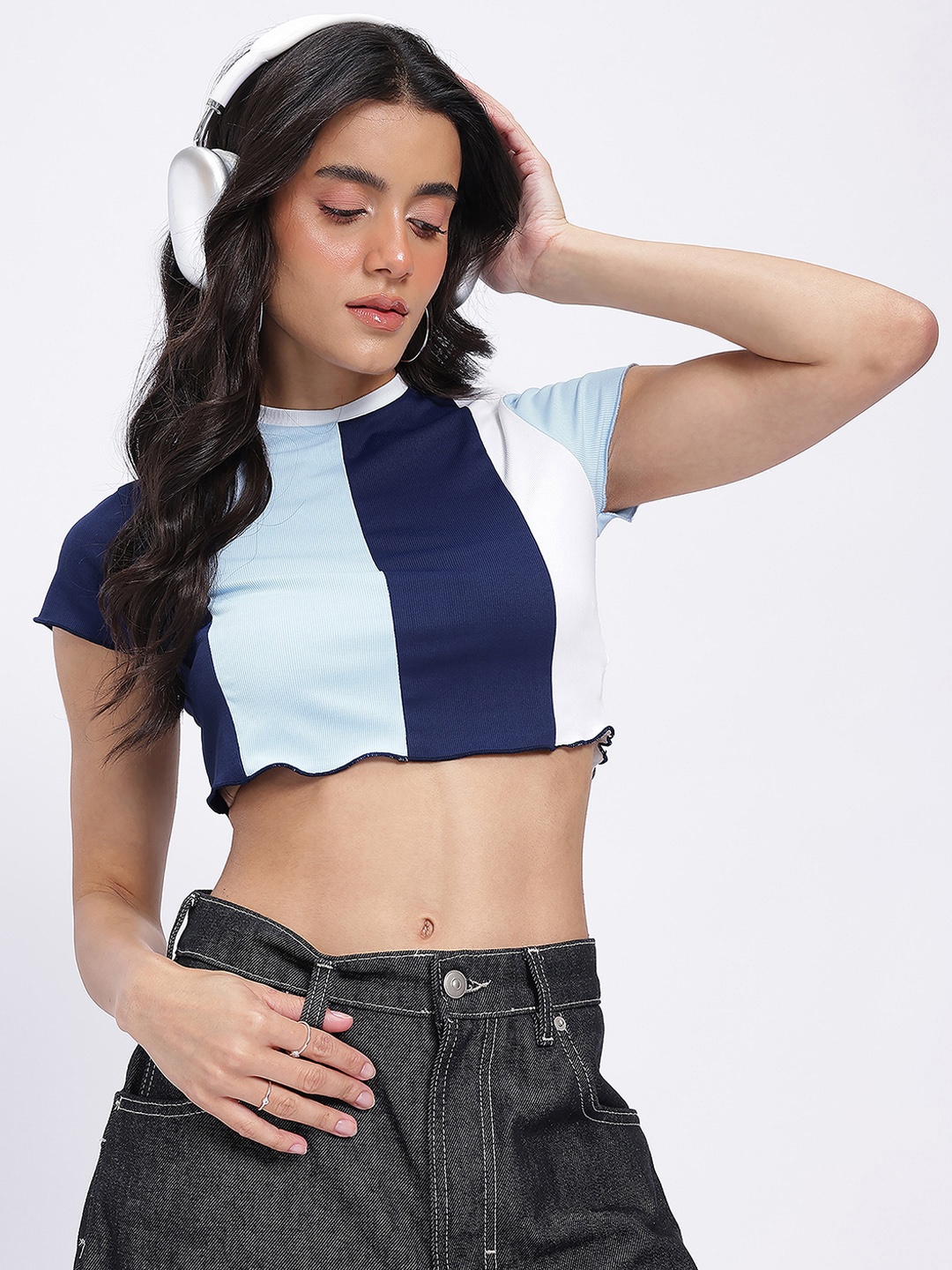 

glitchez Ribbed Rebel Contrast Stripes Crop Top, Navy blue