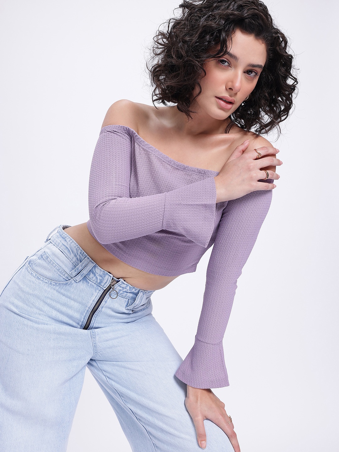 

glitchez Pastel Bliss Self-Striped Bardot Crop Top, Purple