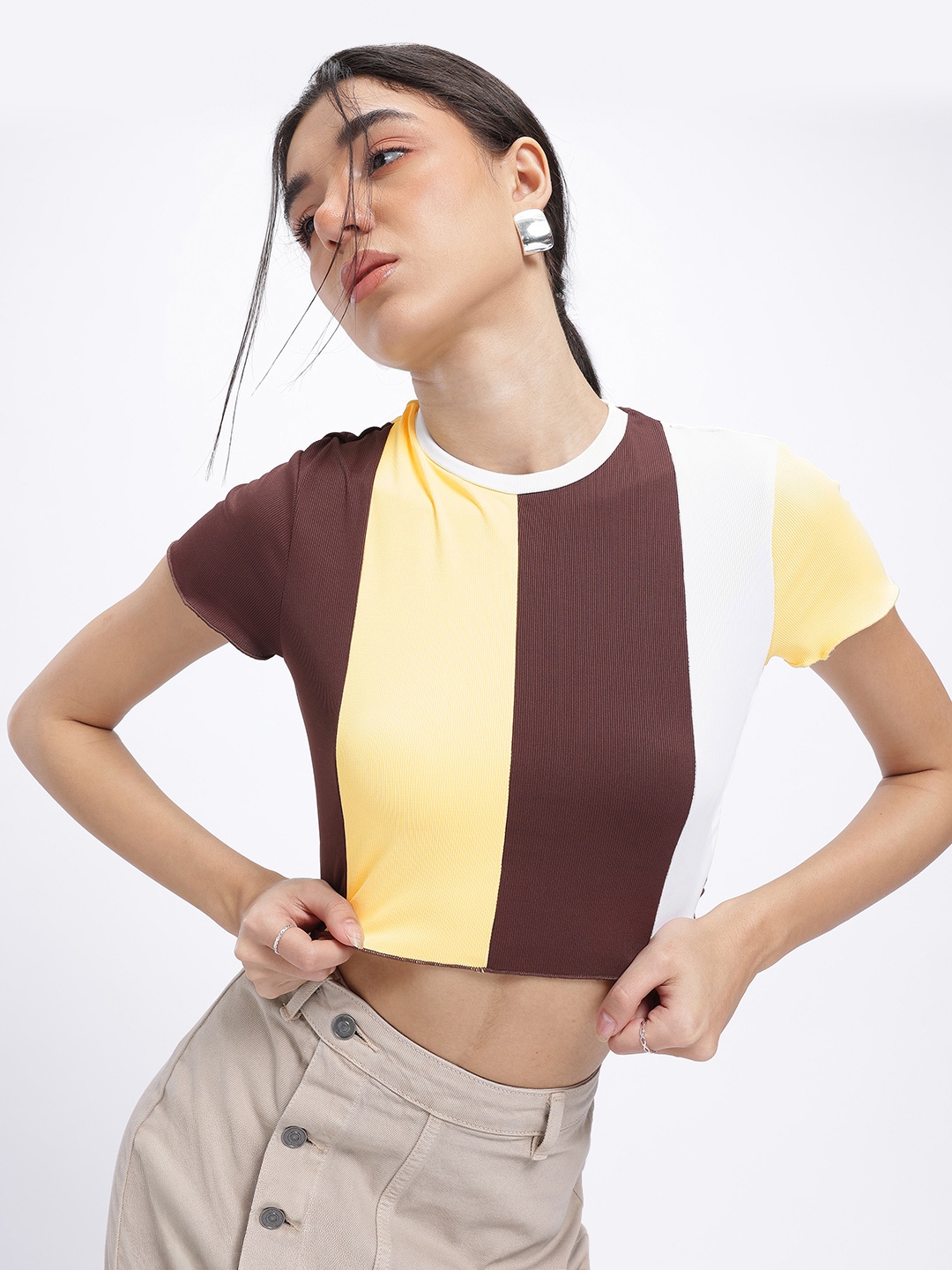 

glitchez Ribbed Revive Striped Crop Fitted Top, Brown