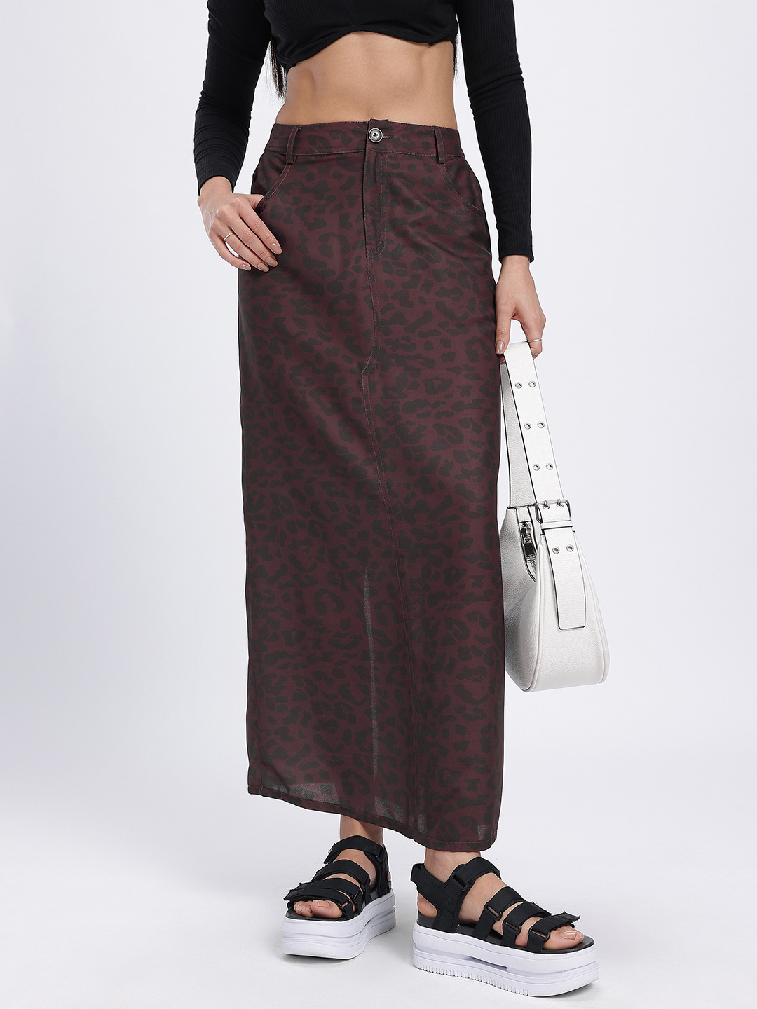 

glitchez Fierce Finesse Regular Fit Maxi A-Line Skirt with Back Slit, Brown