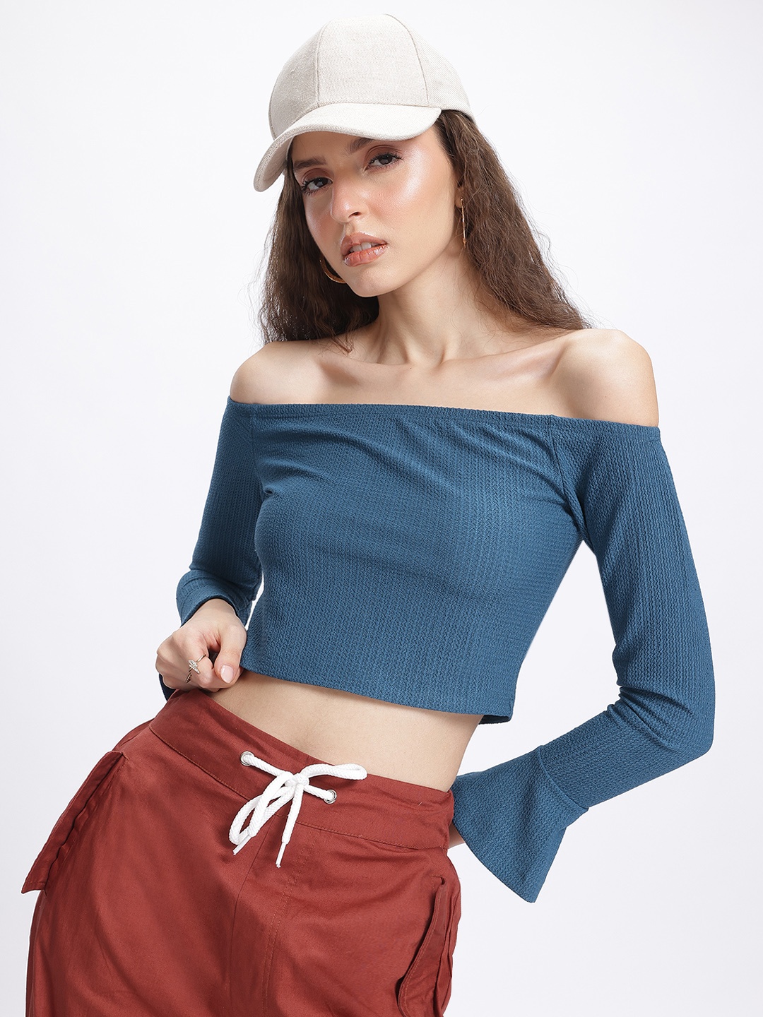 

glitchez Crop Couture Off-Shoulder Bell Sleeve Top, Blue