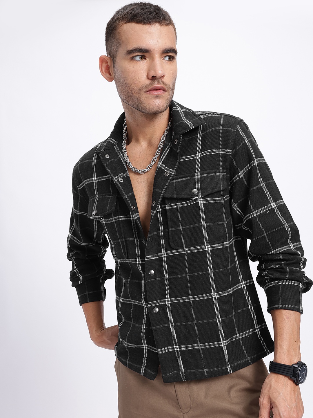 

glitchez Monochrome Checks Relaxed Fit Shirt, Black