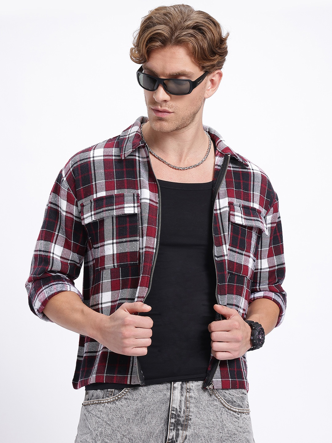 

glitchez Plaid Plan Checked Oversized Shirt, Burgundy