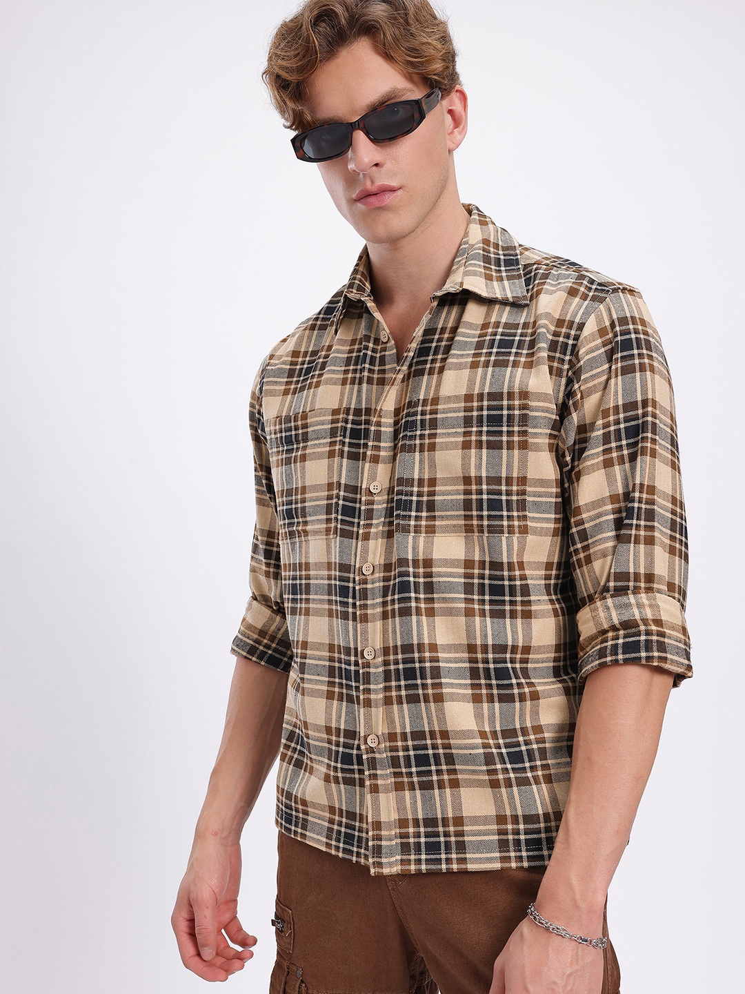 

glitchez Checkmate Tartan Checks Relaxed Casual Shirt, Beige