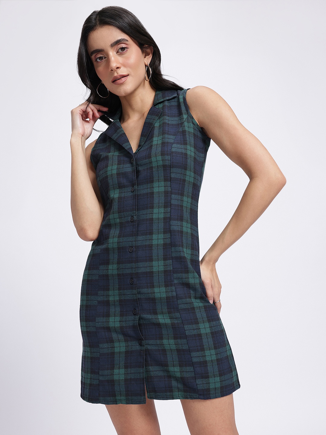 

glitchez Whimsical Wonder Tartan Check Lapel Collar Mini Shirt Style Dress, Navy blue