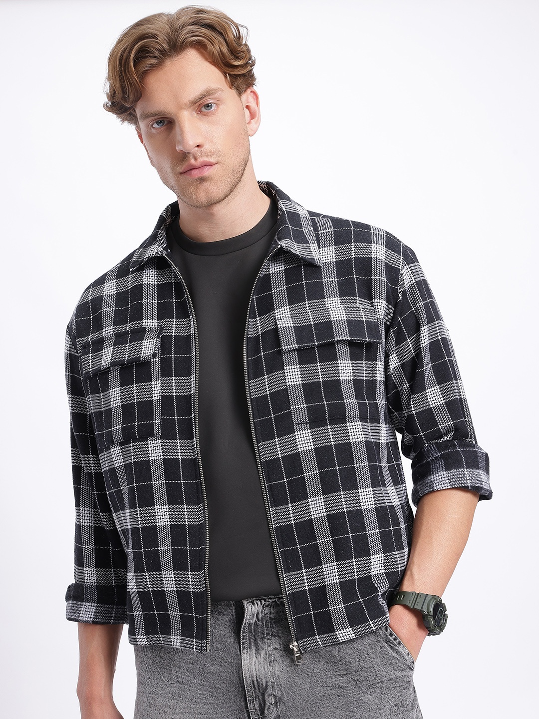 

glitchez Checked Relaxed Fit Shacket, Black