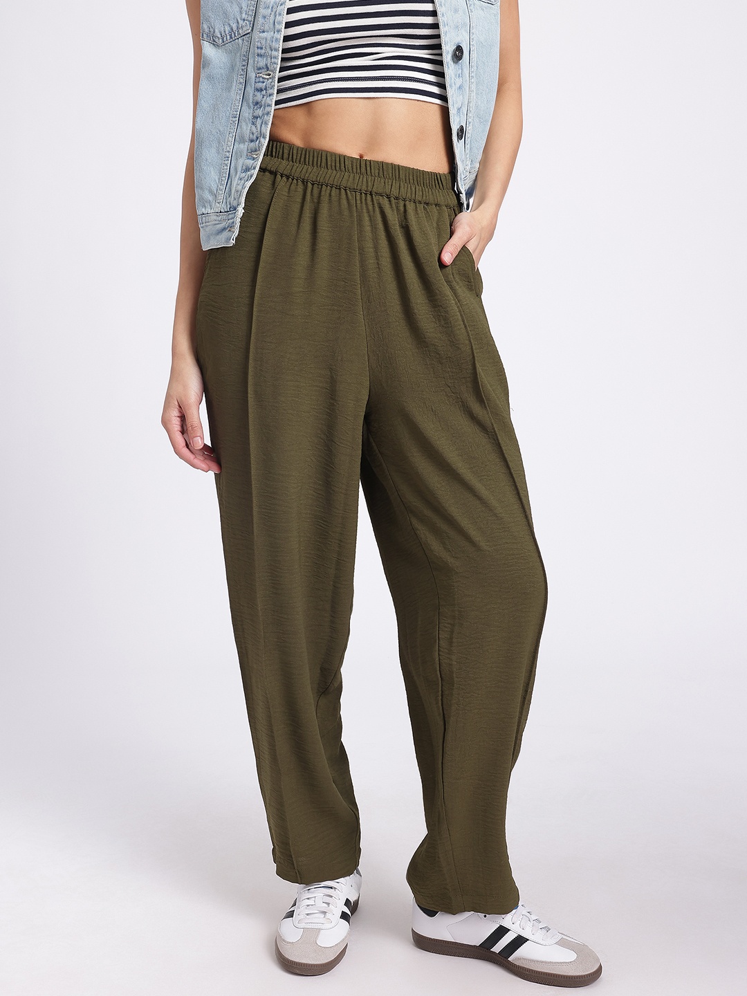 

glitchez Women Effortless Crinkle Loose Fit Trouser, Olive