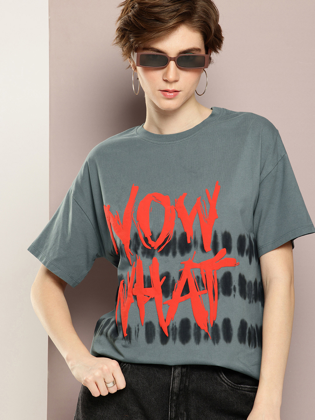 

Kook N Keech Pure Cotton Typography Printed Dyed Drop-Shoulder Sleeves Oversized T-shirt, Grey