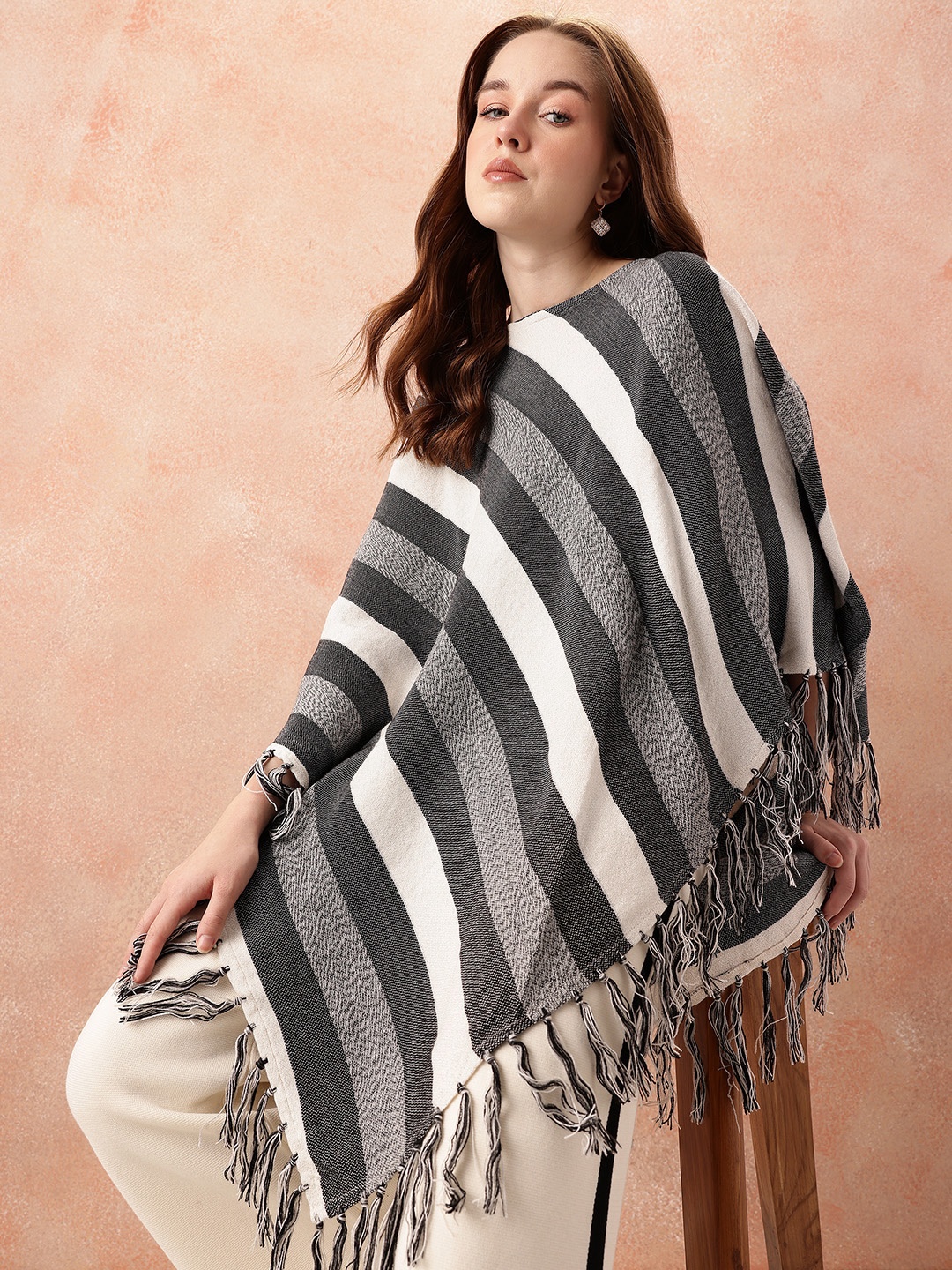 

all about you Striped Tasselled Monochrome Longline Poncho Shrug, Black