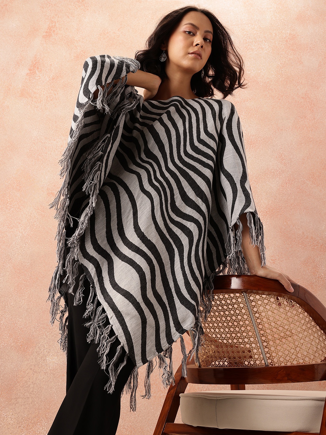 

all about you Striped Tasselled Monochrome Longline Poncho Shrug, Grey melange