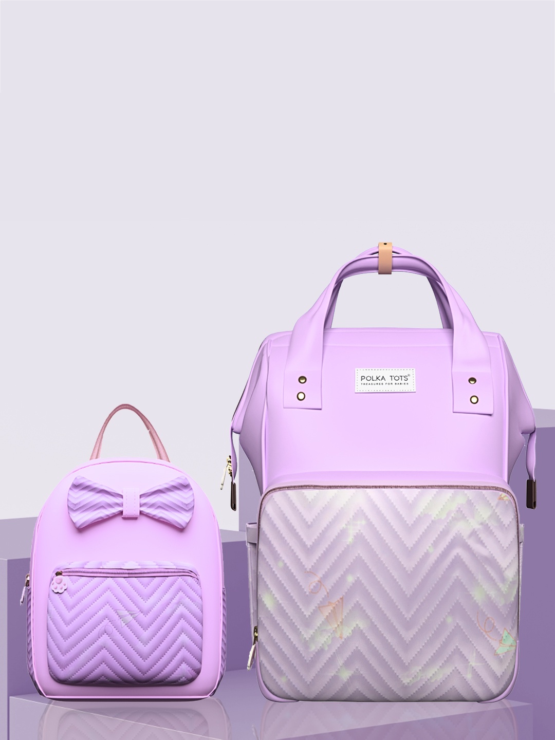 

Polka Tots Printed Diaper Backpack With Baby Bag, Purple