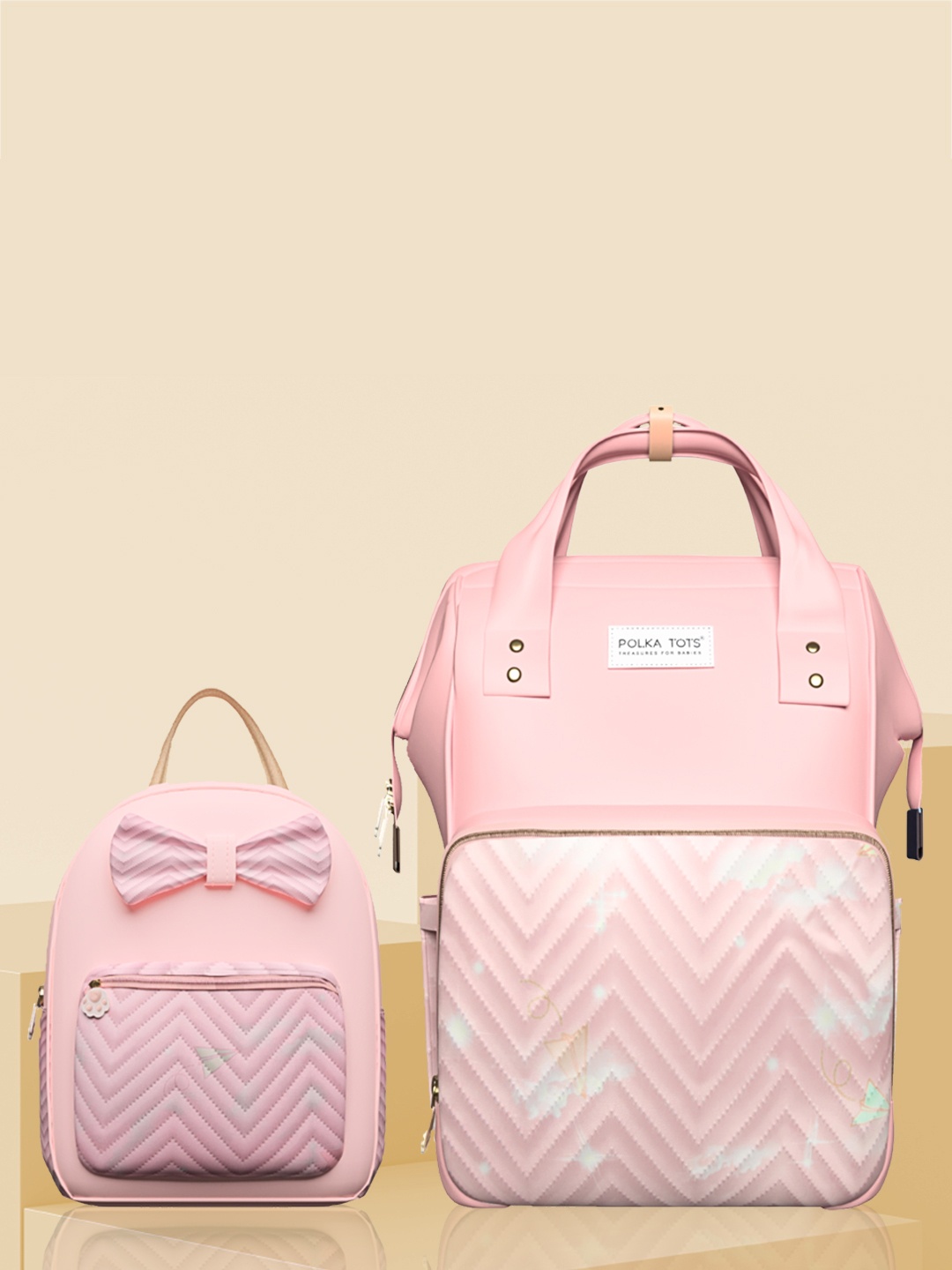 

Polka Tots MamaMini Luxe Printed Diaper Bag With Baby Bag, Peach